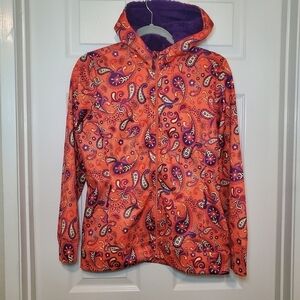 Girls REI Paisley Orange Zip Up Softshell jacket Fleece Lined Hood Sz 18